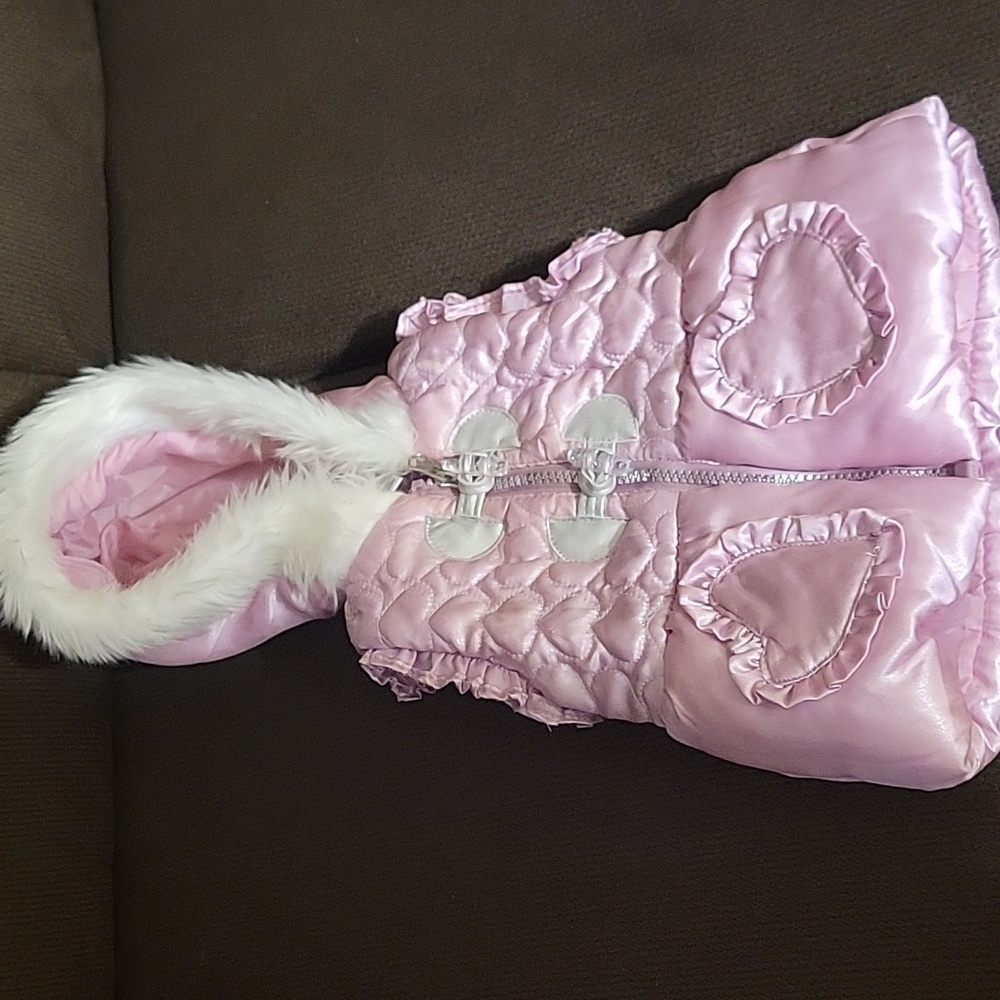 Little Lass Pink Quilted Faux Fur Toddler's Sleeveess Coat with Hoodie Size 3/6M